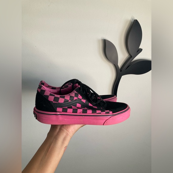 Unisex Hot Pink And Black Checkered Vans Sneakers (stain easy to wash off) - Picture 2 of 5
